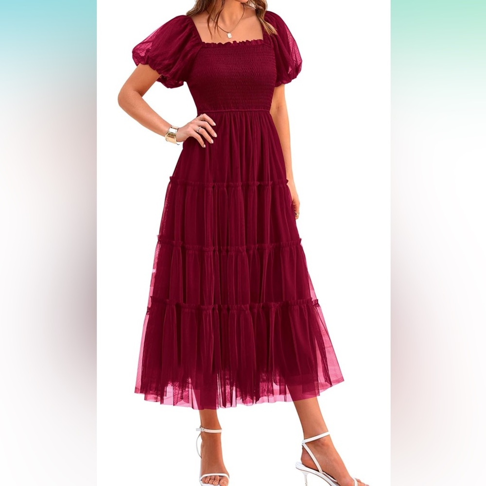 Smocked Tulle Midi Dress | 2025 Summer | Square Neck | Puffy Short Sleeve - Picture 2 of 7